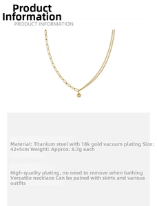 Detail showing asymmetric 18K gold plated titanium steel chain with ball pendant specifications