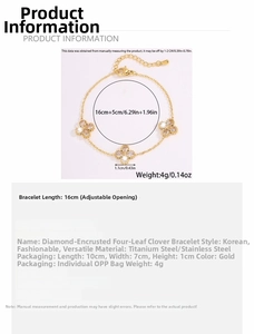 Detailed view of titanium steel clover bracelet with water drop diamonds and size dimensions