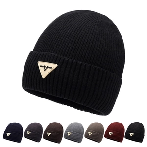 Knit Beanie Hat Polyester Ribbed Cuffed Thickened Warm Winter Autumn Triangle Patch Outdoor Unisex