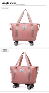 Front and side view of pink expandable travel bag with multidirectional wheels