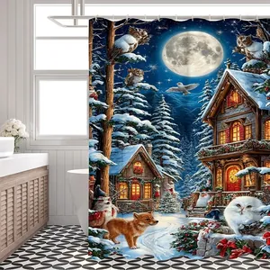Tenda da doccia scena invernale 180x180cm con foresta e capanna al chiaro di luna