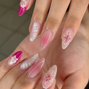 Press On Nails Almond Pink White Gradient Three Dimensional Flower Rhinestones Elegant Reusable ABS Fake Nails For Women
