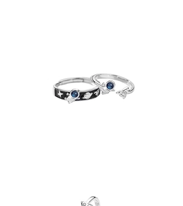 Macro shot of astronaut couple rings with enamel space patterns and silver metallic finish