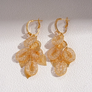 Elegant gold-tone mesh circle earrings with zircon leaf tassel dangles for women