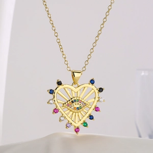 18K gold plated heart necklace with evil eye pendant and colorful zircon stones