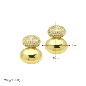 Macro view of gold plated gourd earrings with micro-pave zircons and 19mm size label