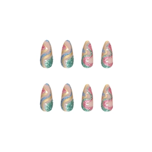 Glittering almond press-on nails with colorful wave patterns and sequin texture