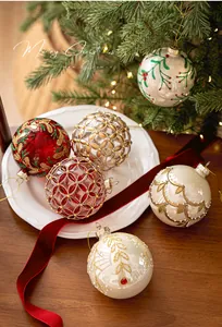 Detail of 8cm hand-painted Christmas glass balls with sequins on a festive tree