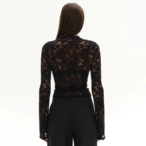 Slim fit black lace long sleeve top for women with sheer mesh back design