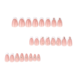French white tip press on nails with nude pink base and sparkling glitter rhinestones