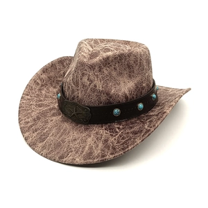 Vintage Western-Cowboyhut mit brauner Lederoptik, Türkissteinen und Stern-Schnalle