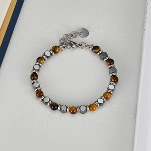 Tigerauge- und Hämatit-Perlenarmband für Herren mit Edelstahlverschluss und Kette