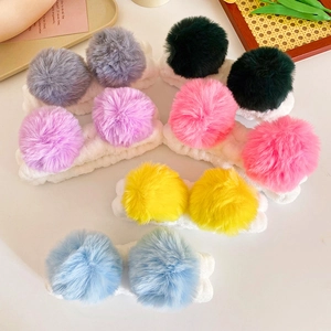 Plush white headbands with colorful fur balls in purple pink yellow and blue set