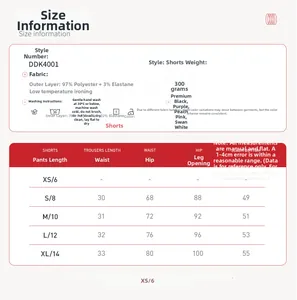 Detailed size chart for quick-dry yoga shorts with fabric info and measurements