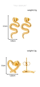 Detail view of gold snake and heart earrings with size measurements and weight specifications
