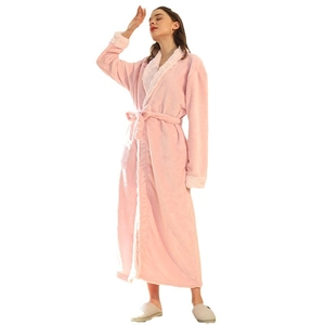 Long pink flannel bathrobe for women with plush collar and tie waist for winter