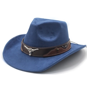 Detail of navy faux suede cowboy hat with vintage bull head buckle and silver studs