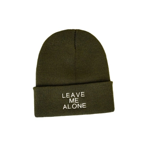 Olive green beanie hat with Leave Me Alone white embroidery on knit fabric