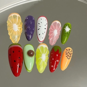 Handmade Press On Nails 3D Fruit Relief Resin Gel Summer Fresh Detachable Reusable Artificial Nails For Women