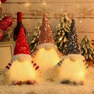 Christmas Gnome LED Glowing Sequin Hat Rudolf Plush Doll Desktop Ornament For Holiday Home Decor Handmade Scandinavian Tomte