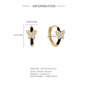 Detailed size and specs of s925 silver butterfly earrings with black enamel and zircon