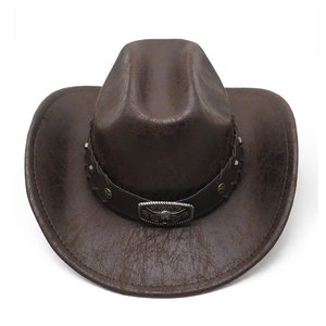 Chapeau de cow-boy vintage marron foncé avec boucle tête de taureau et rivets étoiles