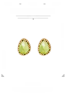 Detailed shot of pear-shaped 14k gold-plated silver earrings with olive green stones
