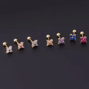 Detailed view of colorful zircon flower earrings with gold-plated steel screw backs