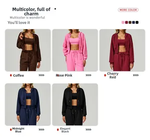 Detail view of five color options for zip-up athletic hoodies and matching jogger sets