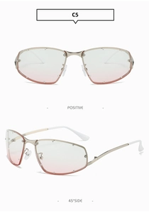 Detail view of pink gradient square sunglasses with crystal accents and thin metal frame
