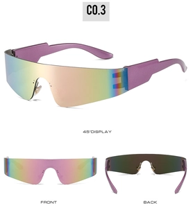 Futuristic rimless punk visor sunglasses with iridescent gradient lens and purple arms
