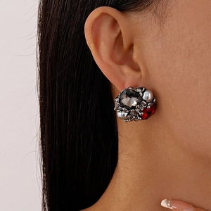 Vintage irregular geometric stud earrings with grey crystal, ruby accent and pearls
