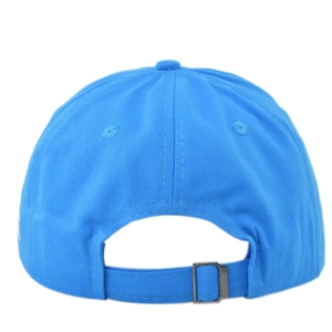 Detailed back view of sky blue baseball cap featuring adjustable metal buckle and stitching