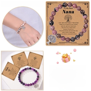 Pink zebra stone bracelet with tree of life charm and Grandma gift card