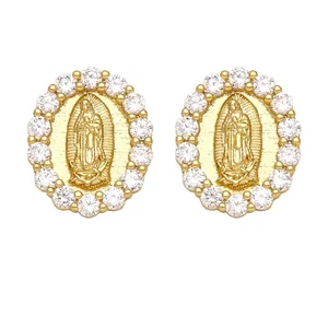 Vintage Virgin Mary oval stud earrings with gold plating and white zircon inlay