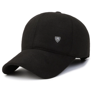 Men's winter baseball cap in black wool with warm fleece lining and metal shield detail
