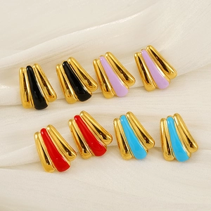 Vintage Ribbed Fan Shaped Stud Earrings 18K Gold Plated 304 Stainless Steel Enamel Geometric Jewelry For Women