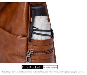 Detail view of the side pocket of this brown PU leather bag holding a folding umbrella