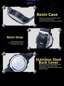 Detail of waterproof stainless steel back cover and durable resin strap on digital watch