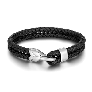 Men's multilayer black braided leather bracelet with a silver metal anchor clasp fastener