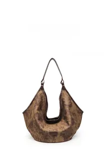 Detail of coffee canvas hobo bag showing retro tie-dye texture and leather handle