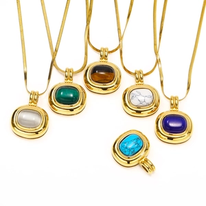 Vintage 18K Gold Plated Stainless Steel Pendant Necklace Natural Stone Oval Cat Eye Tiger Eye Jewelry For Women