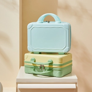 14 inch portable hardshell cosmetic suitcase in blue and green for travel storage
