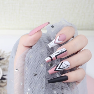 Long coffin press-on nails with pink and black marble design and V-shape patterns