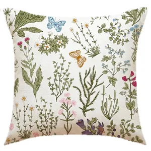 Modern floral cushion cover with botanical plants and butterfly print for sofa decor