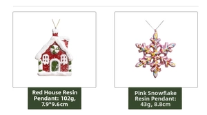 Detail of resin Christmas house and snowflake ornaments with size and weight dimensions