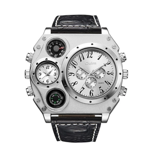 Oulm dual time zone men's watch with silver case, black leather strap, and multi-dials