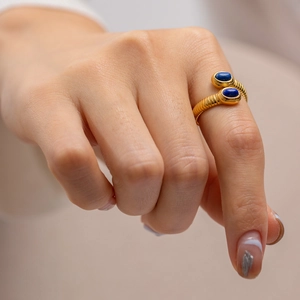 French vintage snake-shaped open ring in gold stainless steel with blue lapis stones