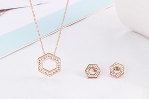 Detail view of rose gold hexagon jewelry set with sparkling rhinestones and delicate chain