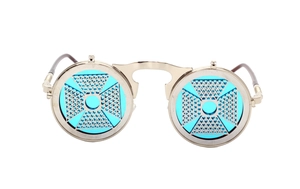 Detail of steampunk sunglasses showing silver hollow grid flip cover and blue inner lens
